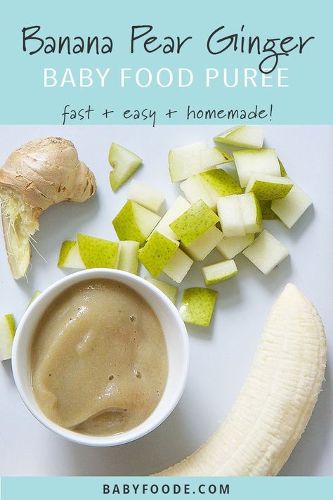 This banana and pear baby food puree is an easy starter puree for baby! This homemade stage 1 puree is super easy to make, full of flavor, and an awesome freezer stash. Made with just four ingredients - banana, pear, ginger and formula or breast milk - this homemade baby food recipe is as easy as it gets! #babyfood #babypuree #combinationpuree Pear Baby Food, Instant Pot Baby Food, Baby Food Recipes Stage 1, Cherry Food, Ginger Baby, Easy Homemade Baby Food, Baby Food Puree, Fingerfood Baby, Baby Food Recipe