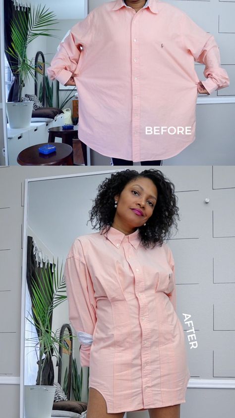 Upcycle a men's dress shirt into a Fenty inspired corset dress perfect for Spring! Men Dress Shirt Outfit Women, Reworked Mens Shirt, Mens Shirt Into Dress, Men’s Dress Shirt Outfit Women, Men Shirt Outfit Women, Upcycle Dress Shirt, Upcycle Mens Dress Shirt For Women, Upcycle Mens Dress Shirt, Jess Dang