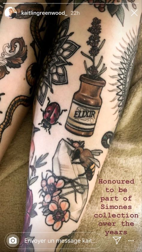 Apothecary Tattoo Sleeve, Goblincore Tattoo Ideas, Herbalist Tattoo, Apothecary Tattoo, Hermit Tattoo, Shelf Tattoo, Perfume Bottle Tattoo, Witchcore Aesthetic, Stone Tattoo