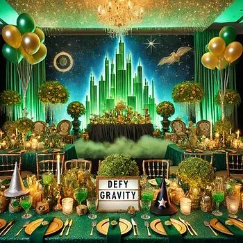 Five "Wicked" Themed Party Ideas. Wicked Wedding Theme, Wicked Musical Themed Party, Emerald City Party Decorations, Wizard Of Oz Sweet 16, Wicked Kids Birthday Party, Wicked Birthday Party Decorations, Wicked Party Decorations, Wicked Decorations, Wicked Party Ideas