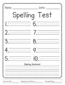 This generic spelling test template is perfect for elementary teachers who test their students over 10 words per week. There's also a spot for a sight word/spelling sentence.Grade box is on the bottom with blanks for "spelling words", "sentence" and "handwriting" grades. Spelling Test Paper, Teaching Spelling Words, Spelling Test Template, Spelling Word Activities, 1st Grade Spelling, First Grade Curriculum, Sight Word Spelling, Spelling And Handwriting, Teaching Spelling