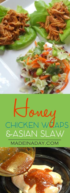 Honey Sesame Chicken Wraps & Asian Slaw Recipes! Skip the takeout! Easy Crock Pot Chicken wraps topped with easy store salad mix Asian Slaw! Edamame, lettuce wraps, honey soy & sesame sauce. Recipe on madeinaday.com Sesame Sauce Recipe, Easy Asian Chicken, Easy Crock Pot Chicken, Asian Slaw Recipe, Chicken Asian, Asian Salad Recipe, Honey Sesame Chicken, Asian Slaw, Honey Sesame