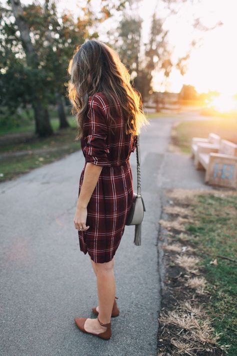 MY OUTFIT: PLAID DRESS (wearing size small Tall) || ANKLE STRAP FLATS (under $30 -- run slightly small, so size up... Plaid Dress Fall Outfit, Plaid And Floral Outfit, Outfits For Church Winter, Causal Dress Outfits, Outfits For Church, Plaid Dress Outfit, Field Work, Plaid Flats, Strap Flats