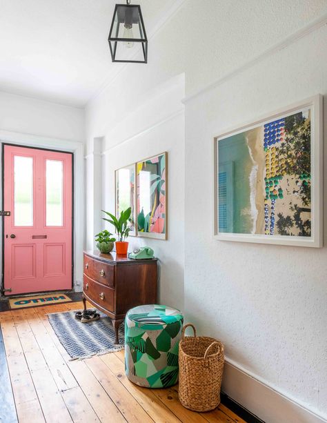 Creating A Forever Home in Kent, England Front Door Painted Inside, Colourful Interior Doors, Colour Furniture, Decoration Hall, Mudroom Makeover, Kent England, Pink Door, Casa Vintage, 아파트 인테리어