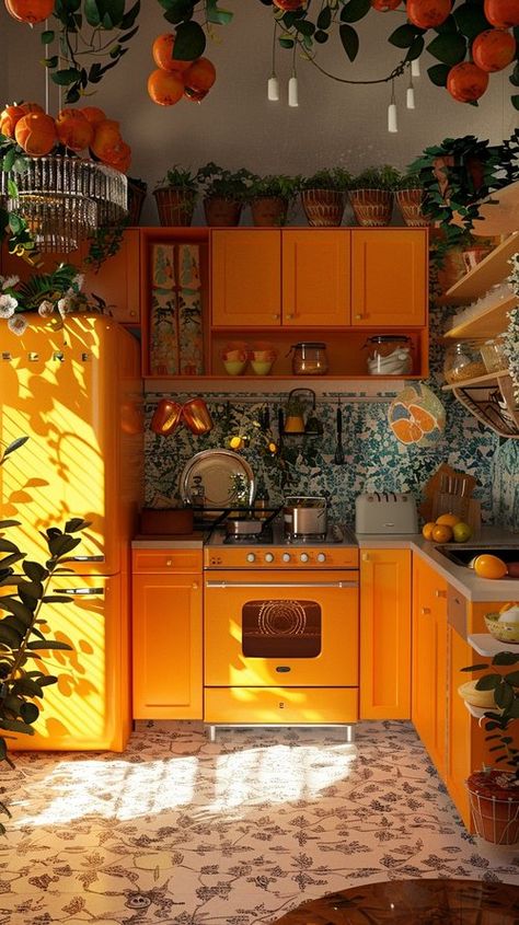 May Midjourney Dump — Living Bright Interiors Colorful House Aesthetic, 70s Inspired Home Decor, House Interior Colorful, Bright Colored Living Room, Colorful Houses Interior, Orange And Green Kitchen, Maximalism Kitchen, Bright Cottagecore, Colourful House