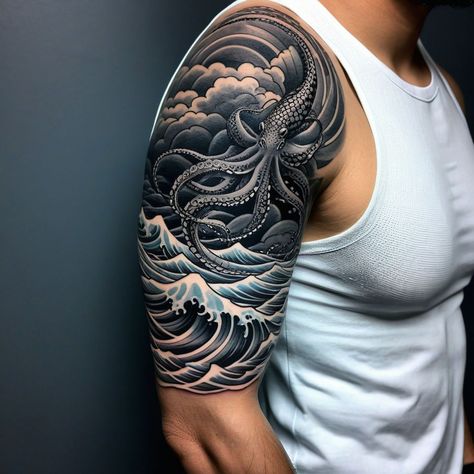 "Maritime Majesty: Ocean Waves Tattoo" Waves and shells merge with a nautical compass for a tattoo that captures the essence of adventure. #OceanTattoo #CompassInk #TattooInspiration #TattooDesign #tattoos #tattooart #tattooing #tattooideas #tattoodesign #tattooartist #tattooart #tattooinspiration Ovean Tattoos, The Great Wave Tattoo, Ocean Waves Tattoo, Great Wave Tattoo, Ocean Tattoos Sleeve, Tattoo Waves, Sea Tattoos, Ocean Wave Tattoo, Ocean Sleeve