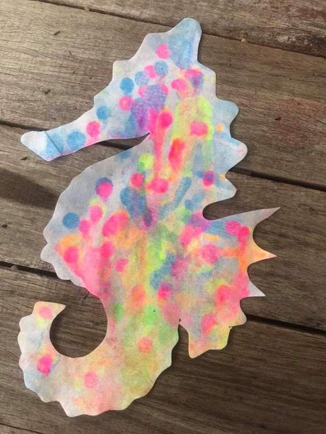 Coffee Filter Ocean Craft, Summer Camp Arts And Crafts, Camp Arts And Crafts, Coffee Filter Flowers Diy, Seahorse Crafts, Coffee Filter Art, March Is Reading Month, Summer Camp Art, Ocean Animal Crafts