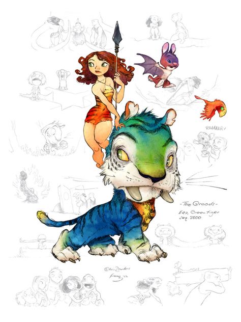 The Croods concept art model sheet: DREAMWORKS ANIMATION Chris Sanders, The Croods, Concept Art World, Muppet Babies, Walt Disney Animation, Sketch Style, Dreamworks Animation, Visual Development, Art And Illustration