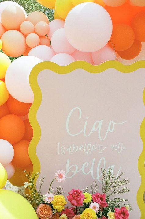 Bright Hens Party, Italian Summer Party Decor, Birthday Signage, Colourful Hens Party, Aperol Spritz Balloon Garland, Aperol Spritz Party Theme Birthday, Love At First Spritz Theme, Aperol Spritz Engagement Party, Italian Birthday