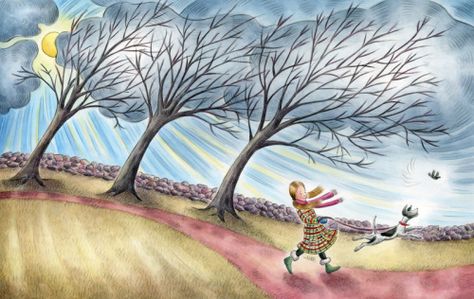 windy march | MarchJennifer Thermes_WindyDay Seasons In The Sun, Blowin' In The Wind, Wild Weather, Weather Seasons, I Love Winter, Windy Day, Illustrated Map, Big Flowers, Whimsical Art