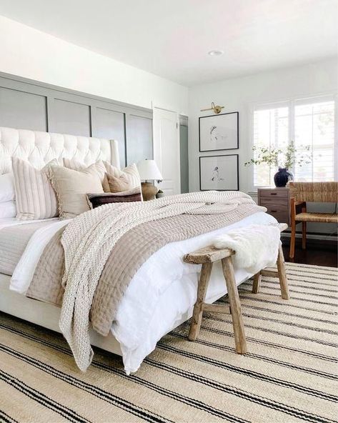 Love this beautiful bedroom design with neutral bedding, furniture, and decor and a striped jute rug - bedroom ideas - bedroom decor - coastal bedroom - the heart and haven Elegant Cozy Home, 2023 Bedrooms, Bedroom Runner Rug, Suite Decor, Modern Coastal Bedroom, Bedroom Revamp, Girl Apartment, Future Bedroom, Lady Slipper