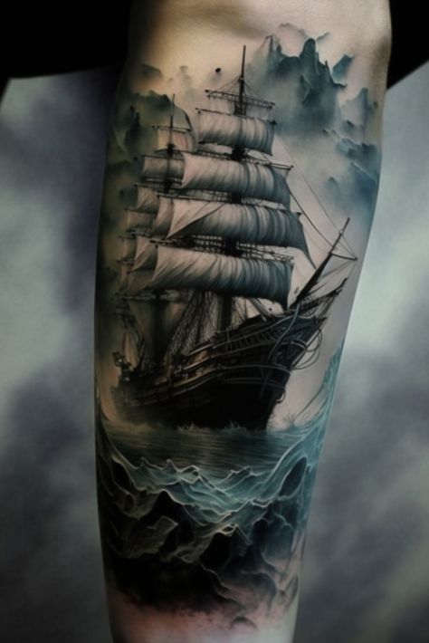 ship tattoos Tattoo Ship Pirate, Maritime Tattoo Sleeve, Greek Ship Tattoo, Ship Tattoo Women, Ship And Anchor Tattoo, Water Tattoo Men, Shipwreck Tattoo, Ship Tattoo Ideas, Sunken Ship Tattoo