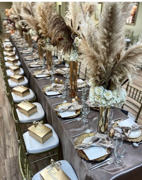 Brown And Tan Wedding, Boho Wedding Reception Table, Pampas Grass Centerpieces, Boho Wedding Table Decorations, Grass Centerpieces, Tan Wedding Colors, Boho Wedding Table, Tan Wedding, Dream Wedding Decorations