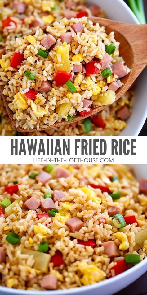 Hawian Style Rice, Rice With Fruit Recipes, Ham And Peppers, Fried Rice Hawaiian Style, Rice Dinner Ideas Easy, Hawaii Fried Rice, What Goes With Fried Rice, Fried Rice With Ham, Ham Perlow Rice