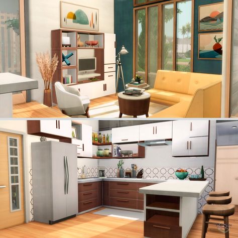 Sims 4 Living Room Ideas No Cc, Sims Living Room Ideas, Sims Living Room, Sims 4 Living Room Ideas, Sims 4 Interior, Sims Interior, Sims 4 Loft, Porch Dining, 60s Interior