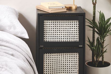 Bedside Table Ikea Hack, Rattan Upcycle, Ikea Gursken Hacks, Upcycled Bedside Table, Ikea Bedside, Rattan Drawers, Furniture Feet, How To Give, Upcycle Projects