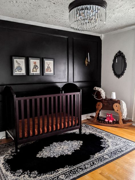 Victorian Goth Nursery, Dark Theme Nursery, Dark Nursery Aesthetic, Adams Family Nursery, Unusual Nursery Ideas, Dark Themed Nursery, Black Nursery Aesthetic, Black Baby Room Nurseries, Goth Sunroom