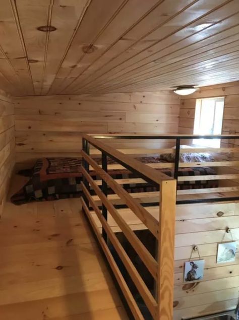 Cedar Tiny House loft with safe rails and natural light. Mezzanine Railing Ideas, Diy Loft Railing Cheap, Loft Railing Ideas, Inside Balcony, Cabin Cabinets, Bunkhouse Ideas, Bunkie Ideas, Tiny Home Shed, Building A Shed Roof