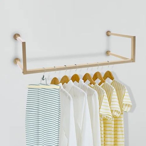 Williston Forge Jahmad 70.87" W Wall Mounted Clothes Rack | Wayfair Gold Clothing Rack Display, Clothing Display Rack, Rack Industrial, Clothing Display, Metal Clothes Rack, Clothes Hanging, Clothing Displays, Hanger Organizer, Functional Style