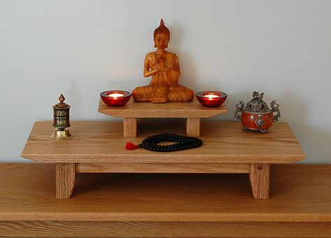 Solid oak table top meditation shrine with a by theyankeewoodsmith Meditation Shrine, Meditation Table Altars, Sala Yoga, Meditation Room Design, Puja Table, Meditation Table, Yoga Meditation Room, Solid Oak Table, Oak Table Top