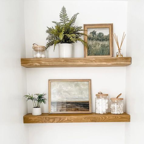 Bathroom Nook, Country Girl Home, Wooden Bathroom Shelves, Bathroom Floating Shelves, Shelves Bedroom, Shelves Over Toilet, Bathroom Shelves Over Toilet, Floating Shelves Bedroom, Oak Floating Shelves