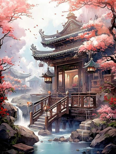 House Concept Art, Chinese Buildings, Art Buildings, Architecture Blueprints, House Concept, Mountain Landscape Photography, Asian Landscape, Japan Painting, Japanese Art Prints