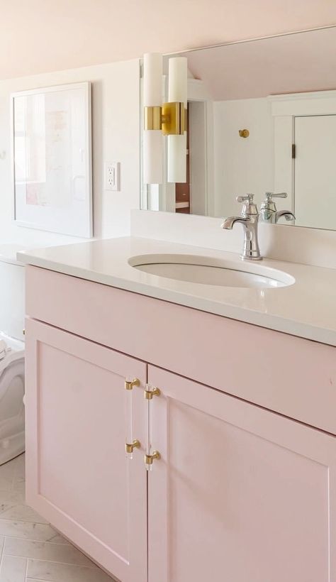 Pink Bathroom Cabinets, Pink Bathroom Vanity, Gold Vanity Light, Pink Cabinets, Bathroom Gold, Gold Vanity, Pink Vanity, Bathroom Oasis, Acrylic Cabinets