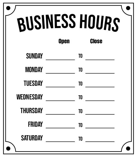 Printable Business Hours Sign Template Free Business Hours Template, New Hours Sign, Business Hours Sign Template, Working Hours Sign Design, Cricut Binder, Hours Of Operation Sign, Free Business Printables, Craft Business Plan, Store Hours Sign