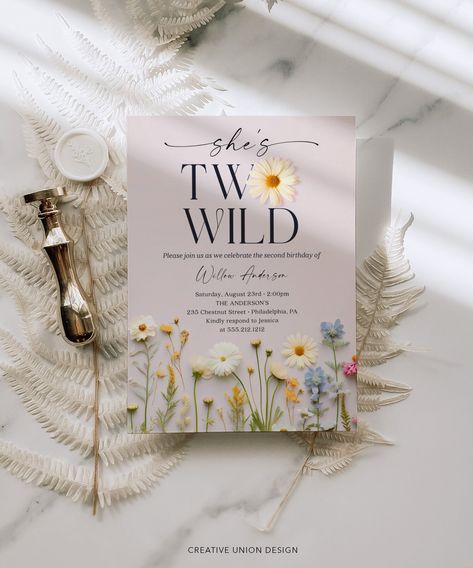 Everyone will love this beautiful editable wildflower birthday party invite template!  This design features an arrangement of realistic hand picked colorful flowers with modern elegant fonts. No special software required! Easy to edit and print! PLEASE NOTE: This purchase is for a digital template. No physical item will be shipped. * * * * * TRY BEFORE YOU BUY * * * * * https://www.corjl.com/d/66E276 * * * * * MATCHING ITEMS * * * * * Build Your Own Bundle and save 60% when you purchase 5 or mor Wild Flower Second Birthday, Wildflower 2nd Birthday Party, Two Wild Flower Birthday Party Girl, Second Birthday Invitation, Second Birthday Party Themes, Wildflower Party Theme, Birthday Party Invite Template, Wildflower Birthday Party, Wildflower Birthday