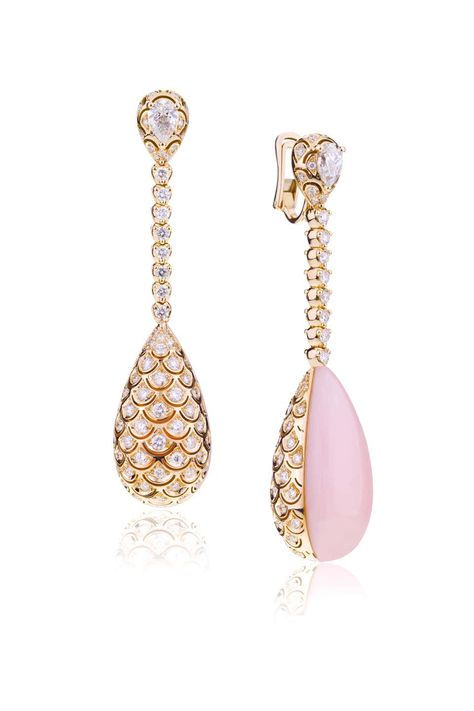 For Sale on 1stDibs - Big Double Face Pink Opal and Diamonds Drop with Pear Cut Diamonds Evening Earrings. Exceptional Reversible Earrings with a Unique Spring Handmade Mechanism Evening Earrings, Diamond Fashion Jewelry, Gold Jewelry Stores, Big Hoop Earrings, Earrings Design, Diamond Jewelry Designs, Popular Fashion, Jewelry Model, Yellow Stone