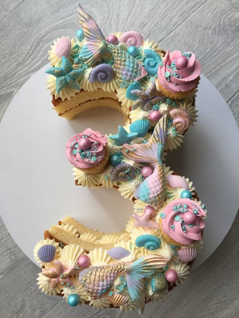 Mermaid Number Cake, Mermaid Theme Birthday Cake, Mermaid Cupcake Cake, Mermaid Number, Underwater Birthday, Toddler Birthday Cakes, Theme Birthday Cake, 6th Birthday Cakes, Birthday Decorations At Home