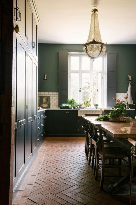 Terracotta Kitchen Floor, Modern Kitchen Flooring, Terracotta Flooring, Dark Blue Kitchens, Terracotta Floor Tiles, Terracotta Floors, Dark Green Kitchen, Off White Walls, Devol Kitchens