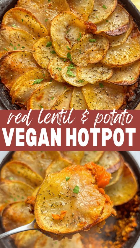 Easy vegan lentil and potato hotpot for a delicious low-calorie, cosy weeknight dinner. This vegan dinner recipe is made with a red lentil tomato ragu and layers of potato with vegan cheese, making it the perfect easy, healthy, no-fuss recipe that all the family will love. #vegandinner #veganrecipes Vegan Hotpot, Lentil And Potato, Mediterranean Meal Plan, Red Lentil Recipes, Med Diet, Vegan Casserole, Vegan Main Dishes, Chickpea Curry, Tasty Vegetarian Recipes