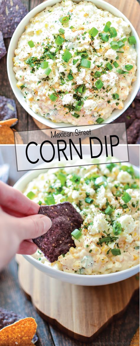 Mexican Street Corn Dip is the perfect appetizer to serve at your Cinco de Mayo party! | www.cookingandbeer.com Cinco De Drinko Party Ideas, Mexican Apetaizer Party Ideas, Cinco De Mayo Snack Ideas, Mexican Happy Hour Appetizers, Fiesta Food Ideas, Cinco De Mayo Potluck, Mexican Appetizers For Party, Cinco De Mayo Food Ideas, Margarita Night