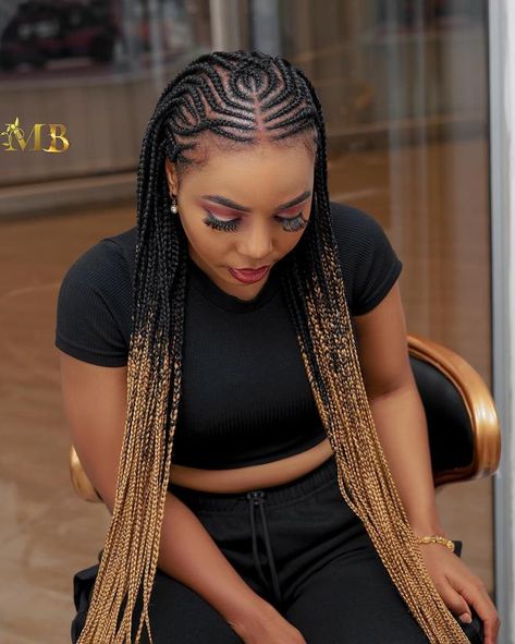 Long Black and Blonde Tribal Braids Half Box Braids, Fall Braids, Half Cornrows, Feed In Ponytail, Colored Box Braids, Half Braid, Color Melt, Feed In Braids Hairstyles, Hair Adviser