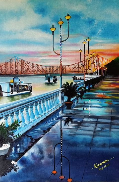 Millennium park, Kolkata Kolkata Canvas Painting, Kolkata Aesthetic Painting, Kolkata Paintings Art, Kolkata Watercolor Painting, Kolkata Illustration Art, City Scenery Drawing, Kolkata Drawing, Kolkata Illustration, Kolkata Sketch