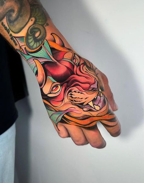 150 Hand Tattoos: Ideas and Meanings | Art and Design Hand Tattoos Color, Hand Tattoos Ideas, Hand Eye Tattoo, 3d Rose Tattoo, Tiger Hand Tattoo, White Rabbit Tattoo, Tattoos Color, Mandala Hand Tattoos, Butterfly Hand Tattoo