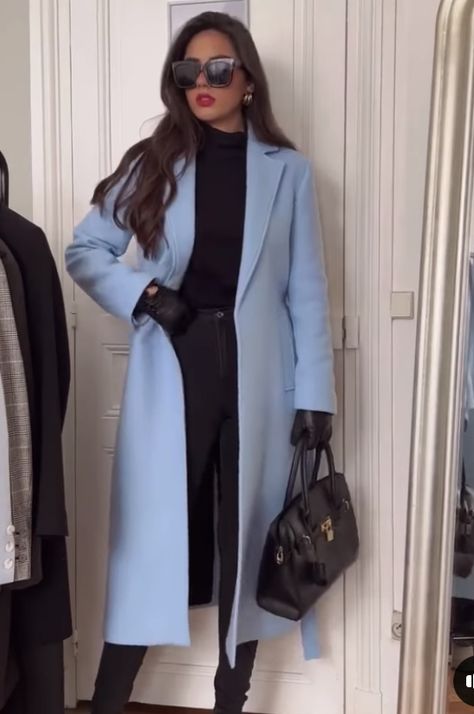 Blue Coats Outfit, Sky Blue Coat Outfit Women, Blue Long Coat Outfit, Light Blue Winter Coat Outfit, Light Blue Coat Outfits For Women, Light Blue Peacoat, Light Blue Coat Outfit Winter, Blue Long Peacoat For Winter, Light Blue Wool Coat Outfit