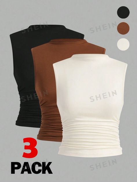 SHEIN Essnce 3pcs Pleated Sleeveless Blouse Tops | SHEIN EUQS Tight Tank Top, Tops Shein, Summer Basics, Women Tank Tops, Plus Size Tank Tops, Blouse Tops, Business Casual Outfits, Tank Top Cami, Sewing Tips