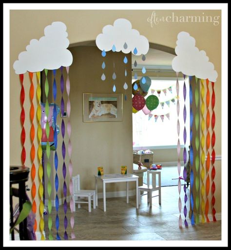 Rainbows and rain clouds make the perfect, easy DIY decorations for a Peppa Pig Party -- Often Charming Preschool Party Decorations, Peppa Pig Party Decorations Diy, Peppa Pig Diy Decorations, Diy Peppa Pig Decorations, Diy Rainbow Decorations, Easy Diy Party Decorations, Clouds With Rainbow, Diy Decorations Party, Pig Birthday Decorations