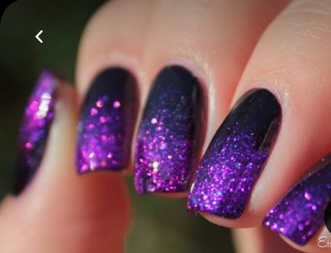 Black With Purple Glitter Nails, Black To Purple Nails, Black Nails Purple Glitter, Sparkly Purple Nails Acrylic, Black To Purple Ombre Nails, Black Purple Ombre Nails, Black Nails With Purple Glitter, Black And Purple Glitter Nails, Black And Purple Ombre Nails