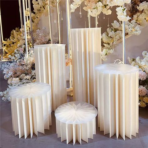 Wedding Props Stage Origami Round Pillar Cake Dessert Table Folding Roman Column Ornaments Party Wedding Road Arrangement Decor _ - AliExpress Mobile Pillar Decorations, Cylinder Pedestal, Pedestal Display, Decoration Buffet, Diy Dessert, Cake Rack, Mall Decor, Roman Columns, Wedding Props