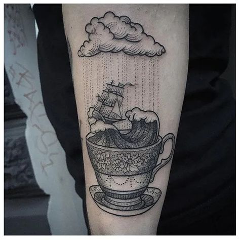 Tornado Tattoo, Tea Cup Tattoo, Tea Tattoo, Teacup Tattoo, Storm Tattoo, Storm In A Teacup, Cup Tattoo, Coffee Tattoos, Tattoo Master