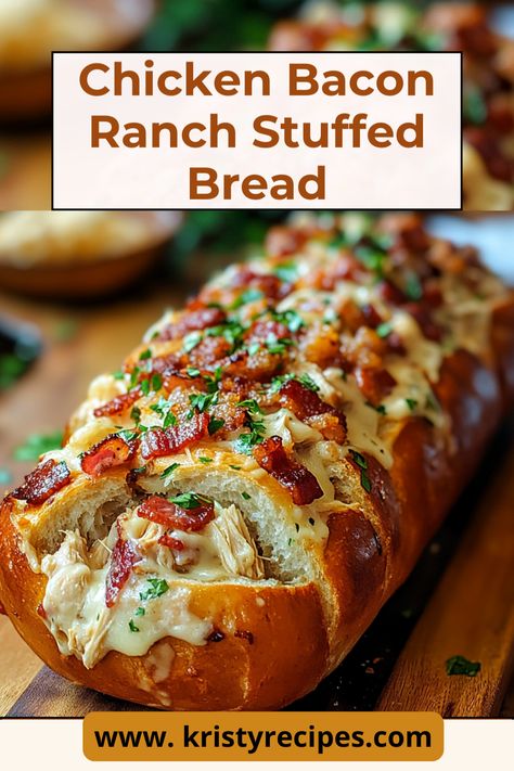 Chicken Bacon Ranch Stuffed Bread is the ultimate comfort food, combining tender chicken, crispy bacon, creamy ranch dressing, and gooey cheese, all wrapped in a golden-brown bread crust. Perfect for game day, family dinners, or any time you crave a hearty, flavorful dish. #foodie #foodporn #bacon #foodblogger #food #lunch Chicken Ranch Stuffed Bread, Chicken Bacon Stuffed Bread, Chicken Alfredo Bread Boat, Chicken Bacon Ranch Stuffed Bread, Quick Weekday Dinners, Recipes Using Bread, Chicken Bacon Ranch Sandwich, Friday Recipes, Chicken Bacon Recipes