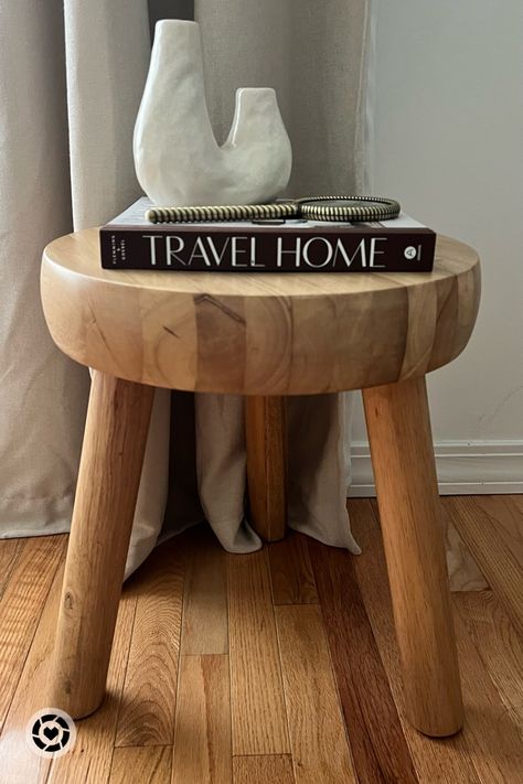 Wooden Side Stools Living Rooms, Wood Accent Stool, Reclaimed Wood Stool, Wooden Stool Side Table, Round Wooden Stool, Stool Styling, Wooden Side Table Bedroom, Stool Nightstand, Stool Decor