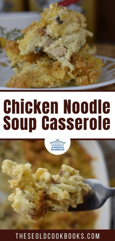 Chicken Noodle Soup Casserole is an old fashioned casserole made with canned chicken noodle soup. The ingredient list is simple, yet it becomes a rich, savory casserole perfect for dinner. Campbells Chicken Noodle Casserole, Leftover Chicken Noodle Soup Ideas, Canned Chicken Noodle Soup Recipes, Easy Can Chicken Recipes, Canned Chicken Noodle Soup Upgrade, Campbells Chicken Noodle Soup Recipes, Chicken Noodle Soup Canned Chicken, Canned Chicken Noodle Soup, Cream Of Chicken Casserole