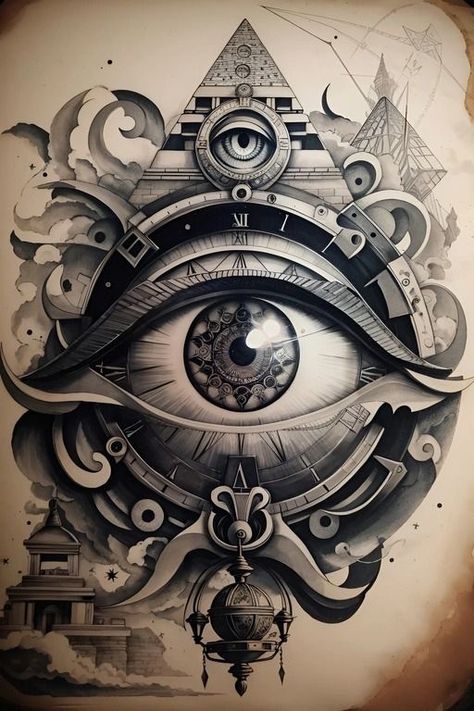 Ancient Clock, Seeing Eye Tattoo, Egypt Tattoo Design, Egyptian Eye Tattoos, Hamsa Hand Tattoo, Men's Tattoos, All Seeing Eye Tattoo, Pop Art Comic Girl, Tattoo Eye