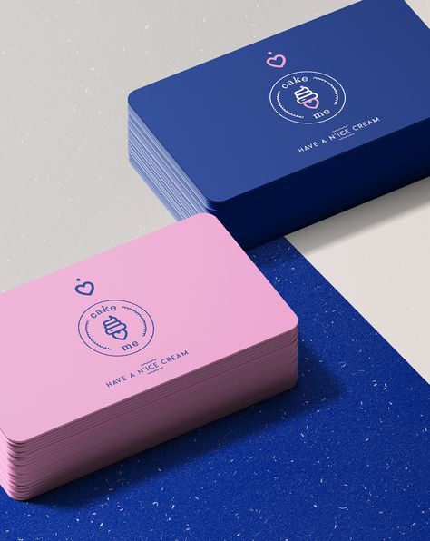 Pink And Blue Packaging, Ice Cream Visual Identity, Ice Cream Business Card, Card Branding Design, Shop Business Card, Cake Branding, Cake Logo Design, Bakery Branding, Ice Cream Brands