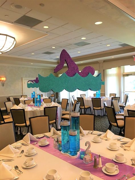 Freestyle! Swim themed party centerpieces! Swim Team Float Ideas, Swim Team Party Centerpieces, Swim Meet Theme Ideas, Swim And Dive Banquet, Swim Centerpieces Banquet, Swimming Centerpieces, Swim Team Party Ideas, Swim Team Parade Float Ideas, Swim Centerpieces