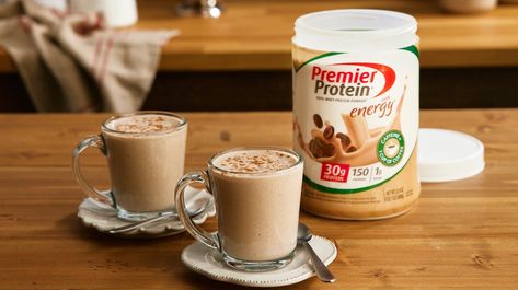 Café Latte Smoothie Recipe | Premier Protein Premier Protein Powder, Nut Free Breakfast, Protein Drink Recipes, Protein Powder Shakes, Coffee Protein Shake, Energy Smoothies, Protein Coffee, Premier Protein, Protein Smoothie Recipes